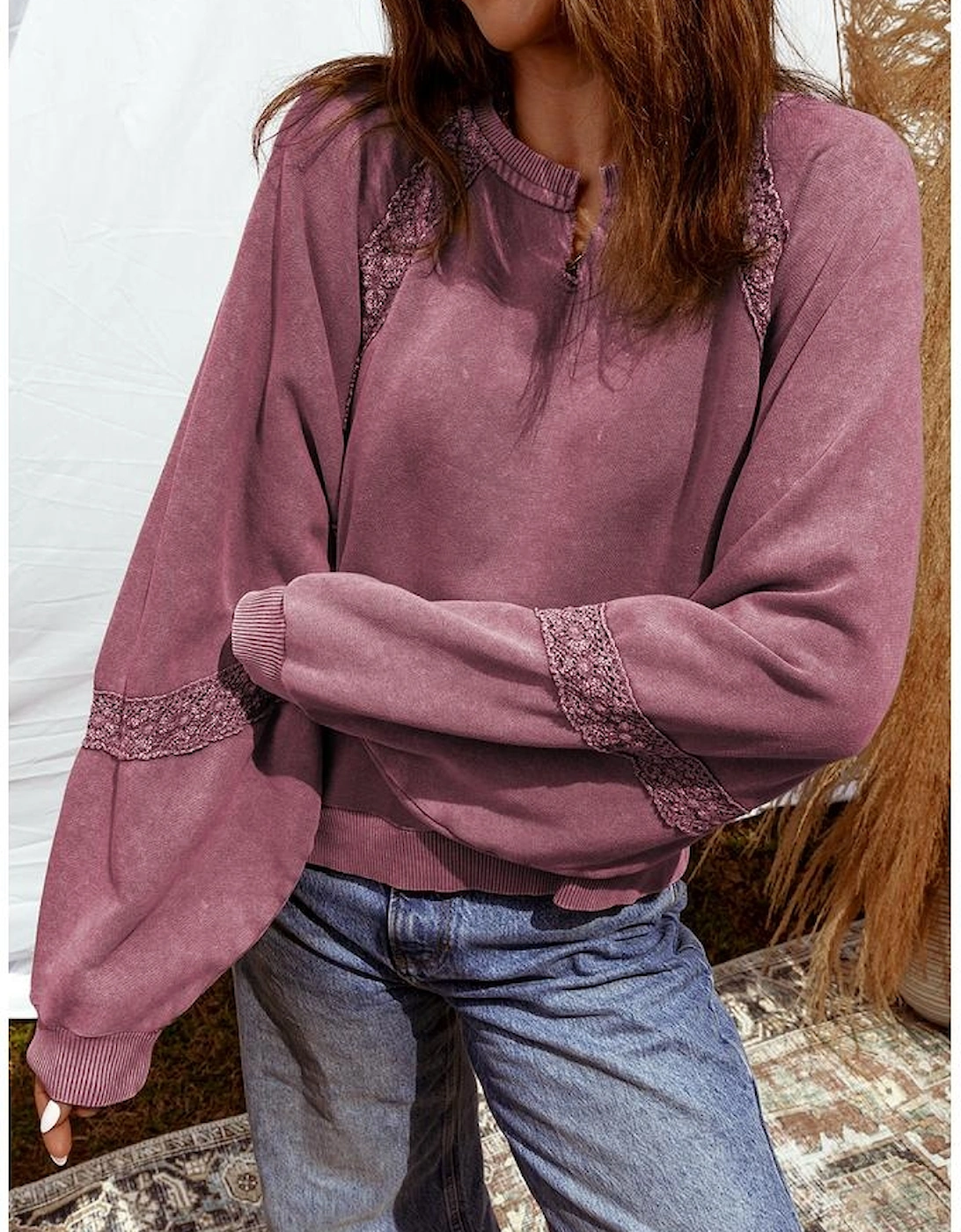 Red Dahlia Lace Patchwork Detail Notched Neck Mineral Wash Baggy Sweatshirt, 2 of 1