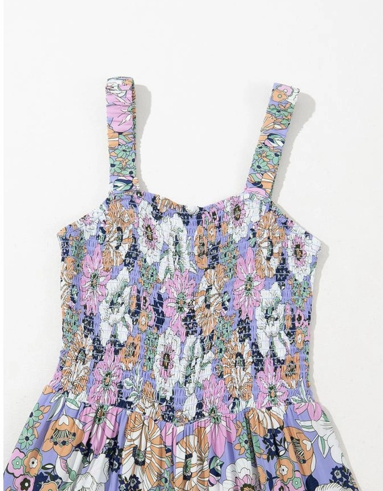Purple Floral Print Smocked High Waist Square Neck Jumpsuit