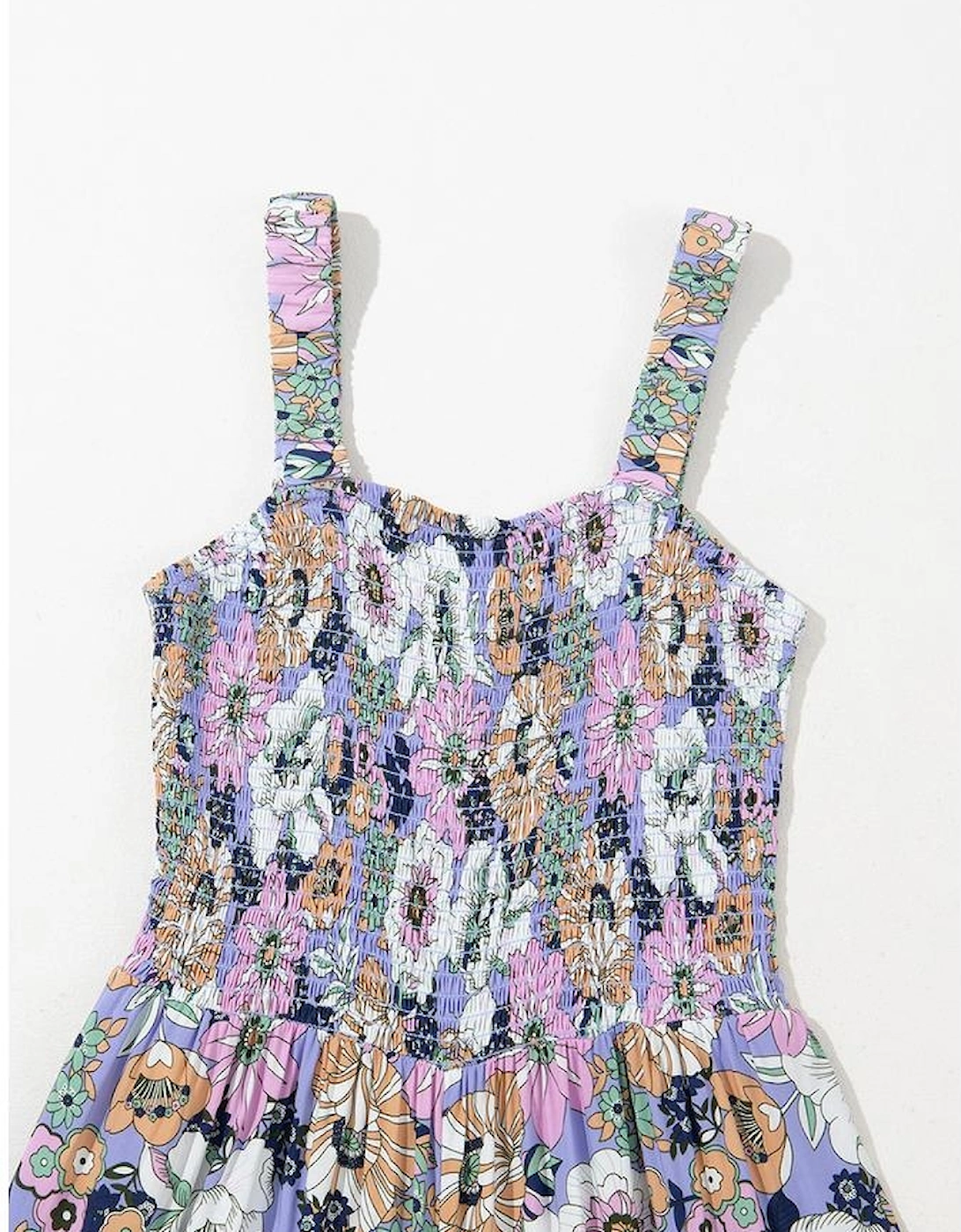 Purple Floral Print Smocked High Waist Square Neck Jumpsuit