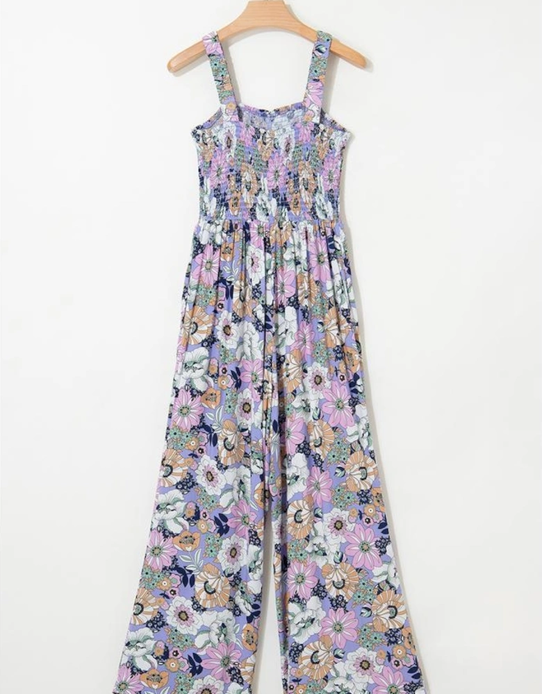 Purple Floral Print Smocked High Waist Square Neck Jumpsuit