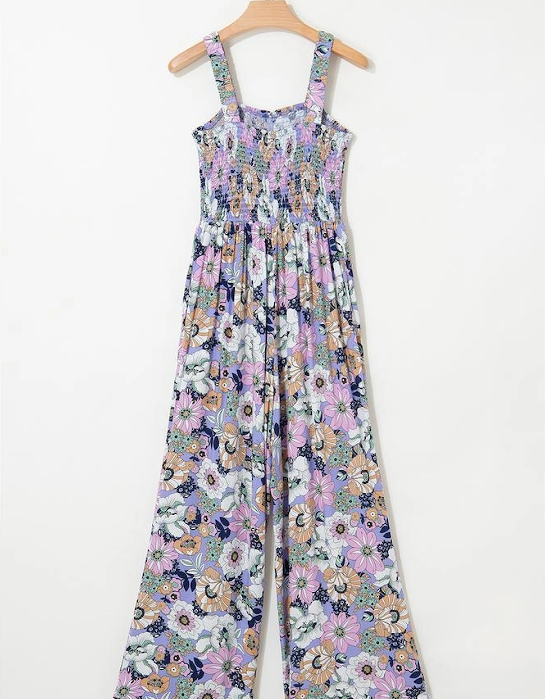 Purple Floral Print Smocked High Waist Square Neck Jumpsuit
