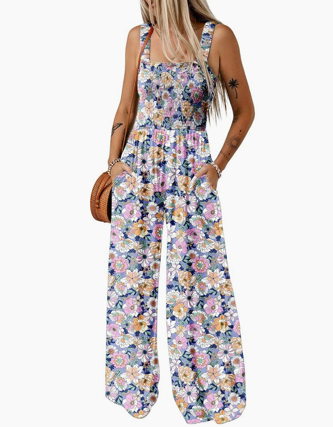 Purple Floral Print Smocked High Waist Square Neck Jumpsuit