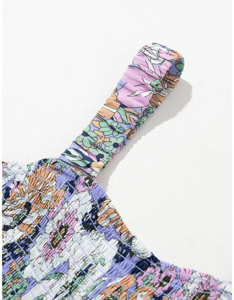 Purple Floral Print Smocked High Waist Square Neck Jumpsuit