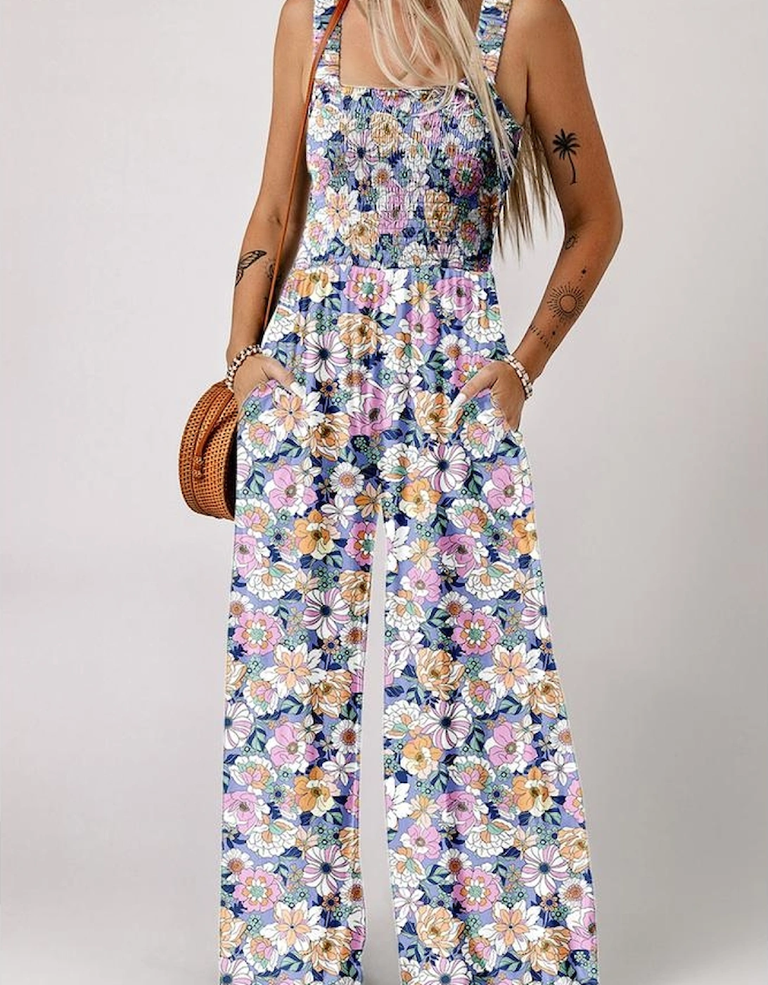 Purple Floral Print Smocked High Waist Square Neck Jumpsuit