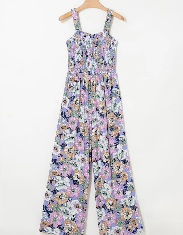 Purple Floral Print Smocked High Waist Square Neck Jumpsuit