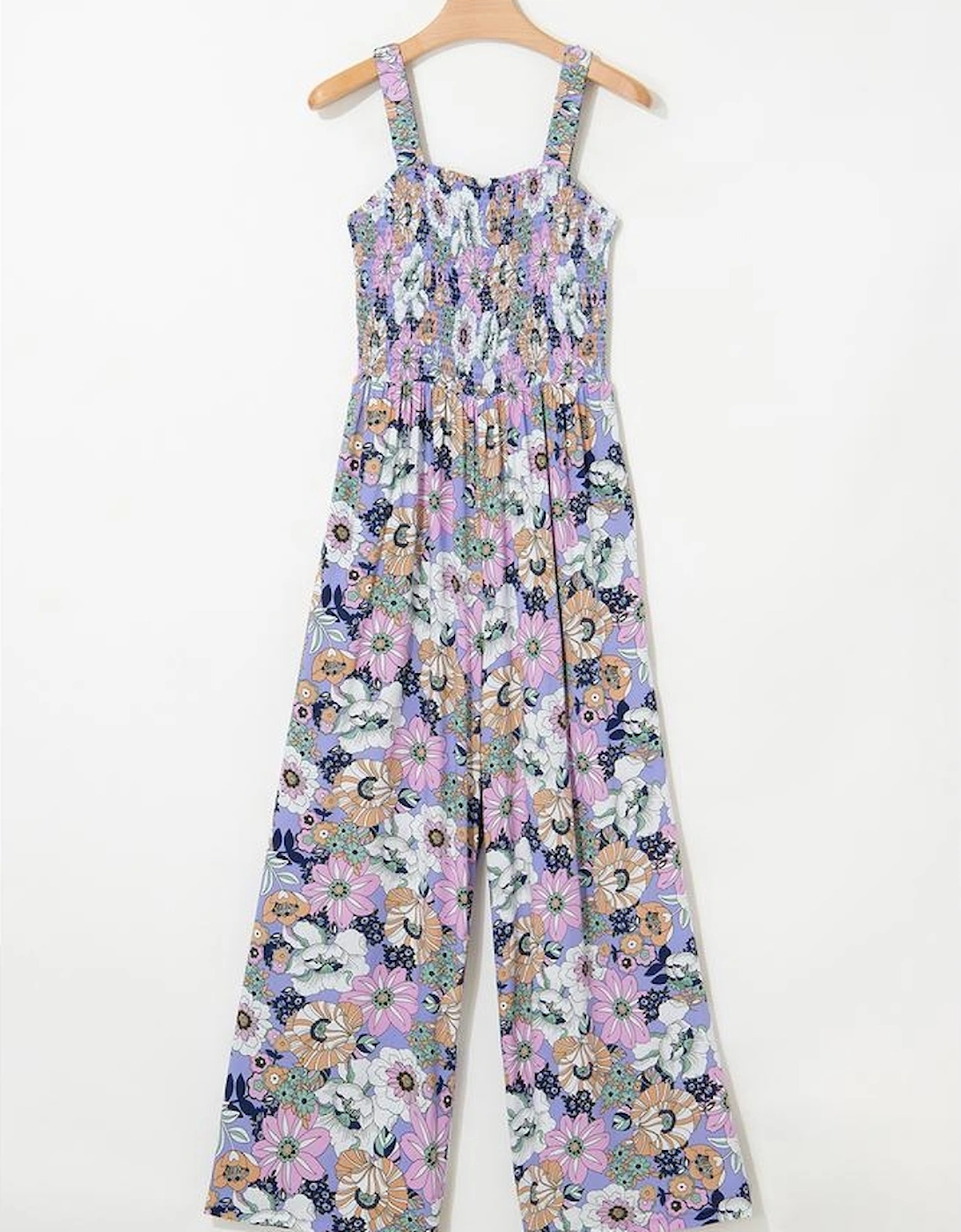 Purple Floral Print Smocked High Waist Square Neck Jumpsuit