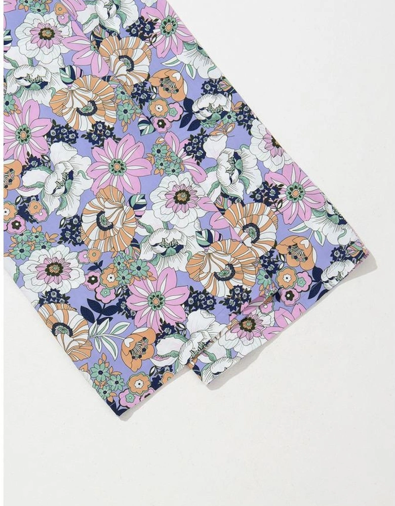 Purple Floral Print Smocked High Waist Square Neck Jumpsuit