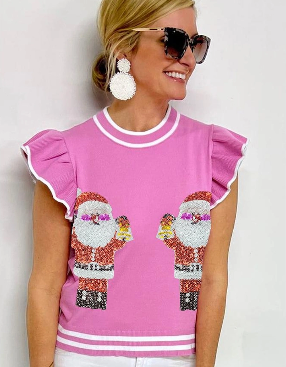Bonbon Sequin Father Christmas Ruffled Sleeve Sweater T Shirt