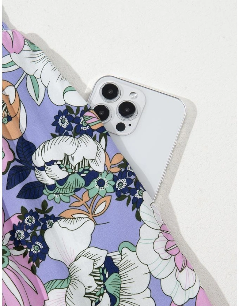 Purple Floral Print Smocked High Waist Square Neck Jumpsuit