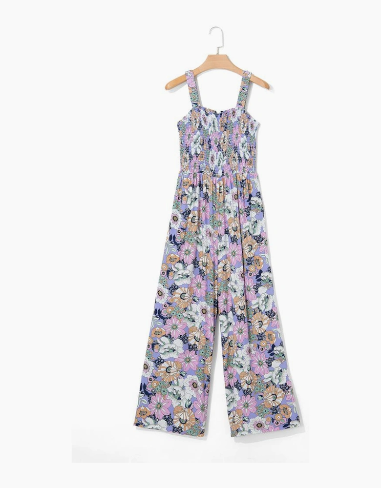 Purple Floral Print Smocked High Waist Square Neck Jumpsuit
