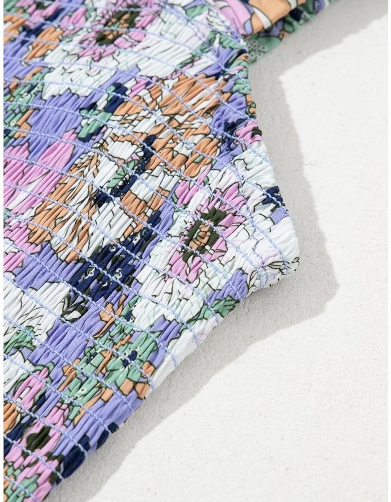 Purple Floral Print Smocked High Waist Square Neck Jumpsuit