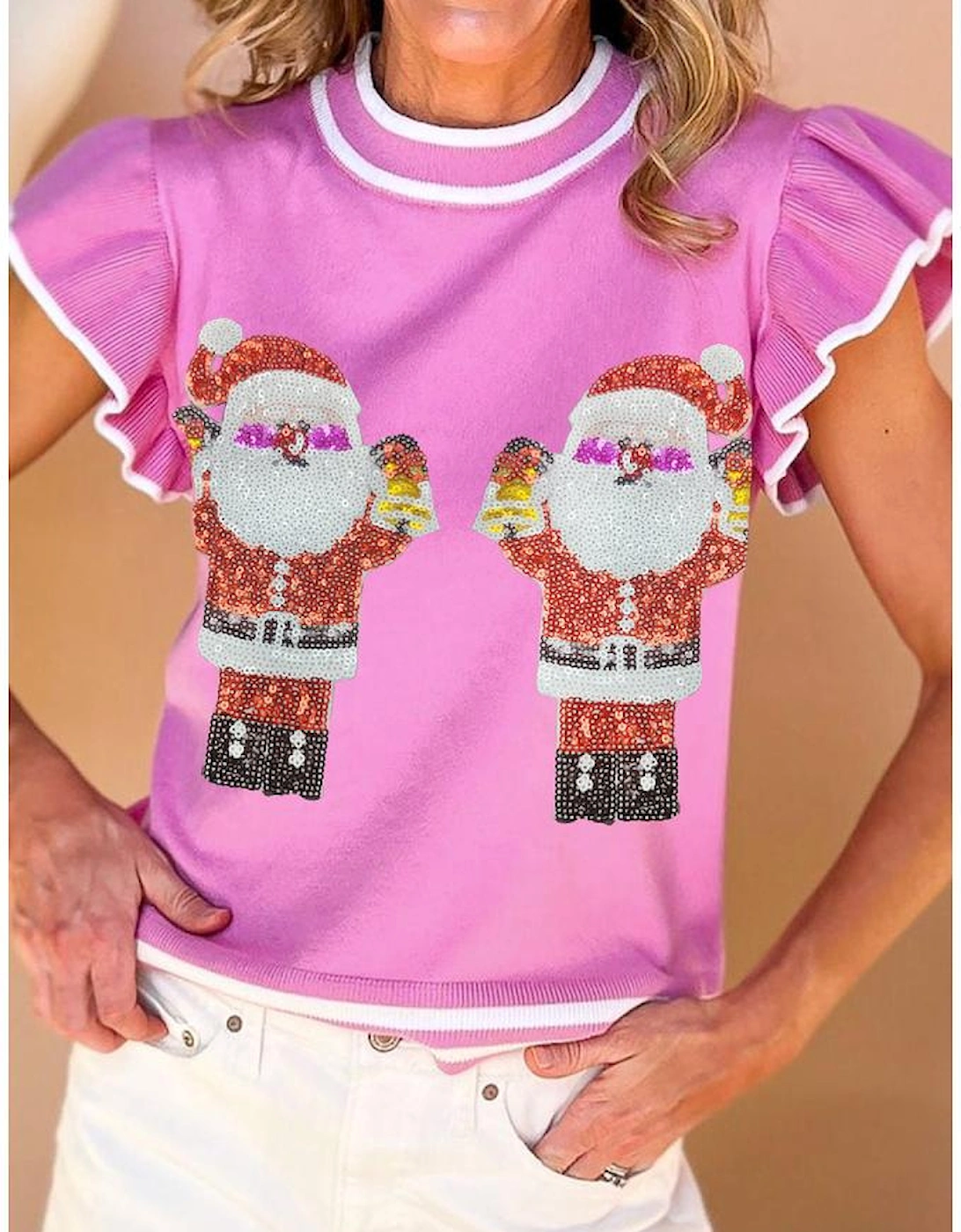 Bonbon Sequin Father Christmas Ruffled Sleeve Sweater T Shirt, 7 of 6