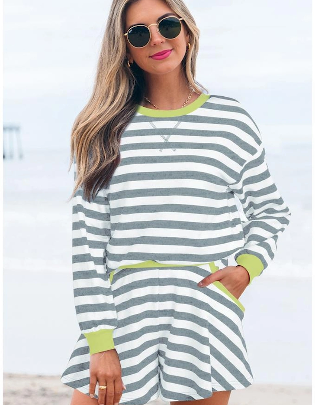 Gray Stripe Contrast Ribbed Banding Long Sleeve Blouse Loose Shorts Set