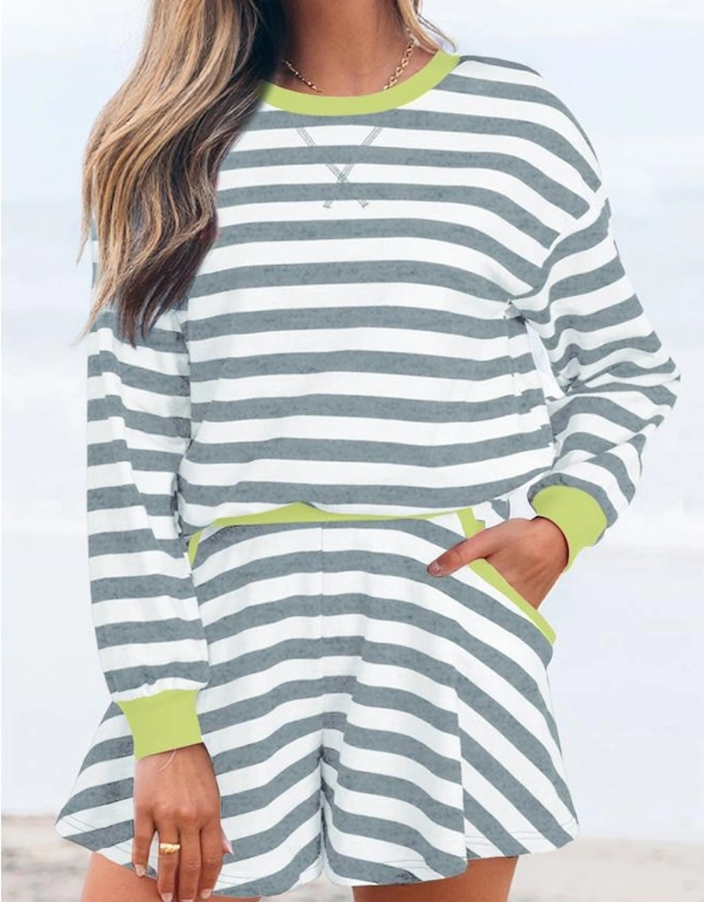 Gray Stripe Contrast Ribbed Banding Long Sleeve Blouse Loose Shorts Set