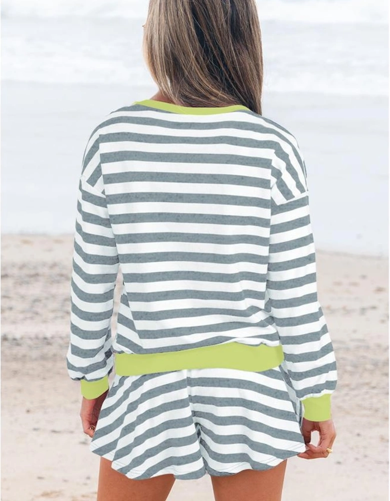 Gray Stripe Contrast Ribbed Banding Long Sleeve Blouse Loose Shorts Set