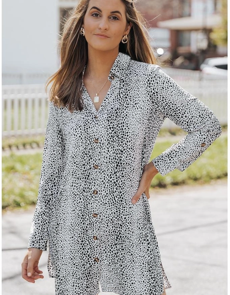 Long Sleeve Leopard Animal Print Shirt Dress