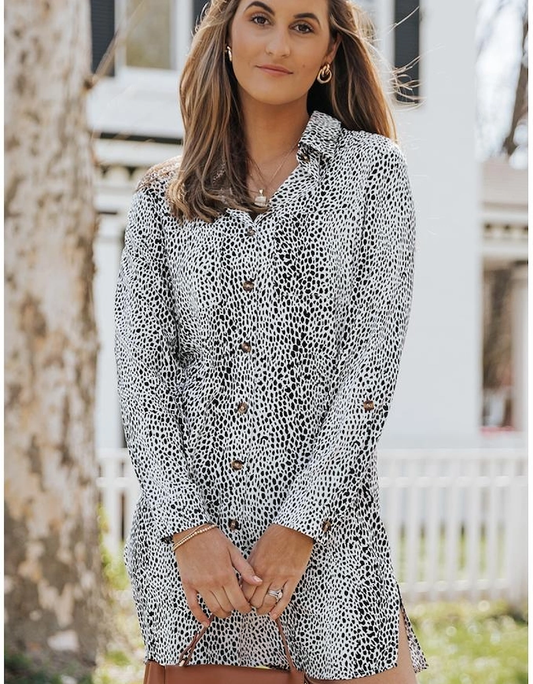 Long Sleeve Leopard Animal Print Shirt Dress