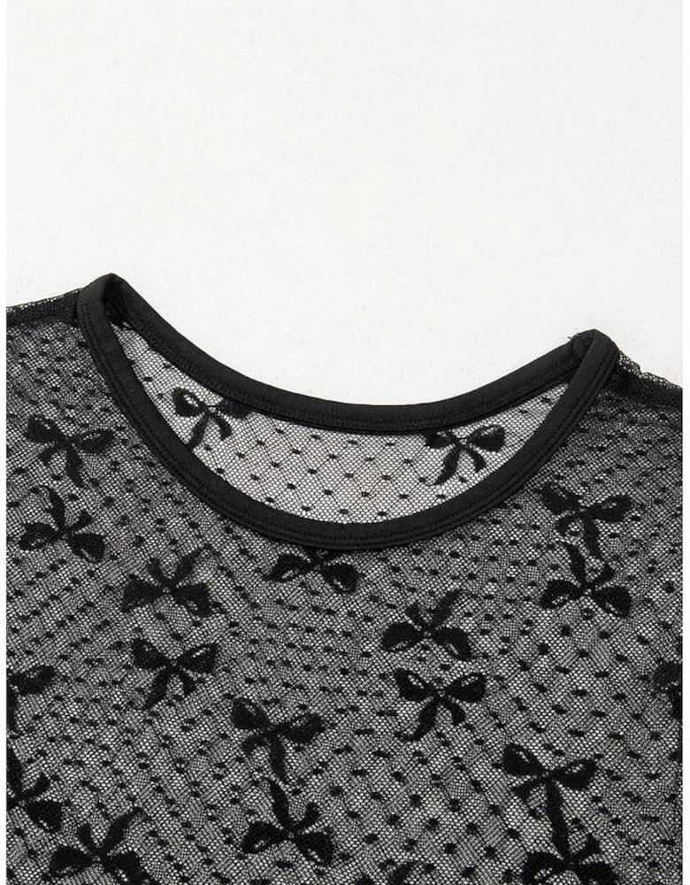Black Bow Knot Dotted See-through Mesh Patched Slim Fit Blouse