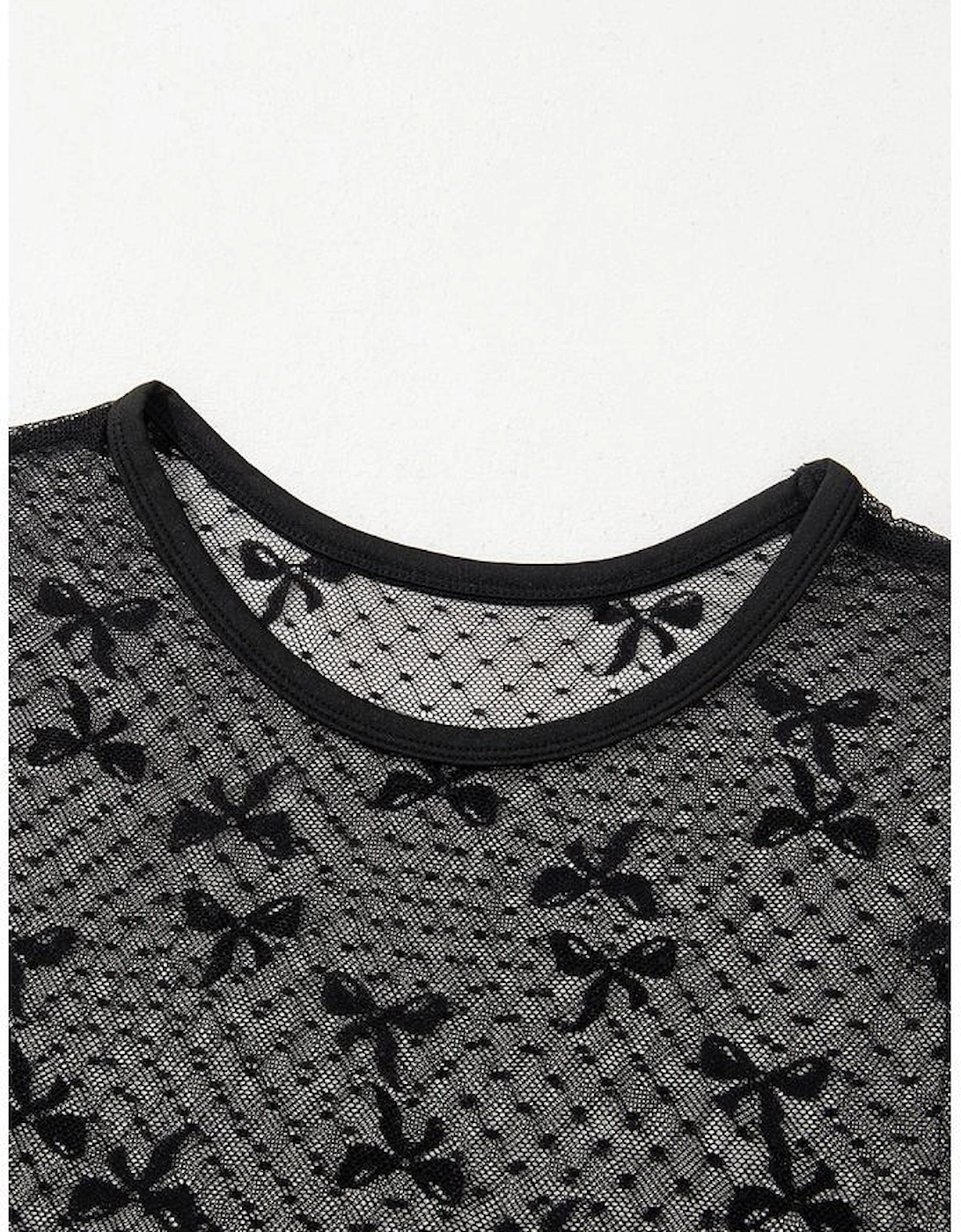 Black Bow Knot Dotted See-through Mesh Patched Slim Fit Blouse