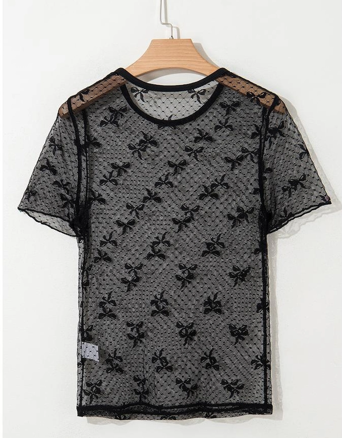 Black Bow Knot Dotted See-through Mesh Patched Slim Fit Blouse