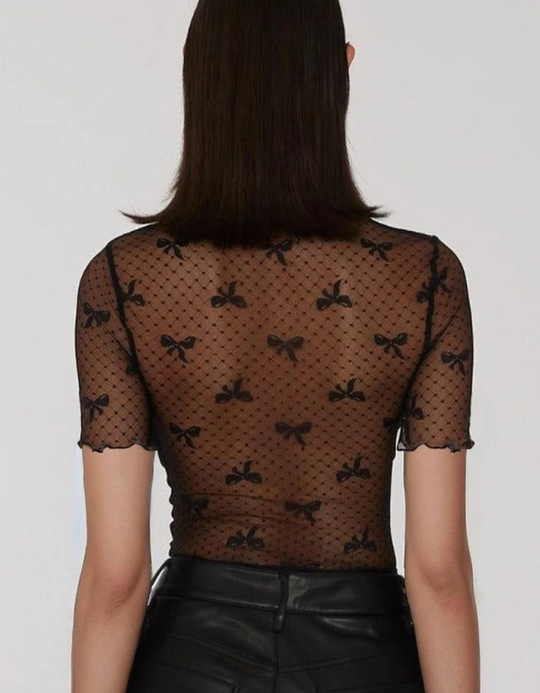 Black Bow Knot Dotted See-through Mesh Patched Slim Fit Blouse