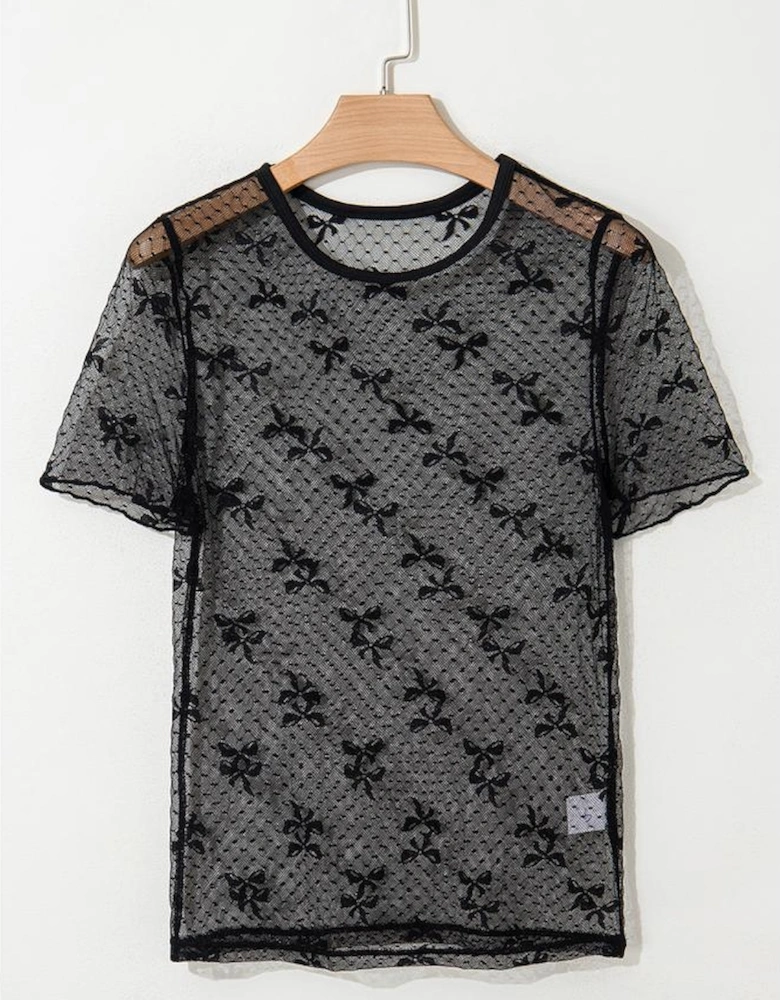 Black Bow Knot Dotted See-through Mesh Patched Slim Fit Blouse