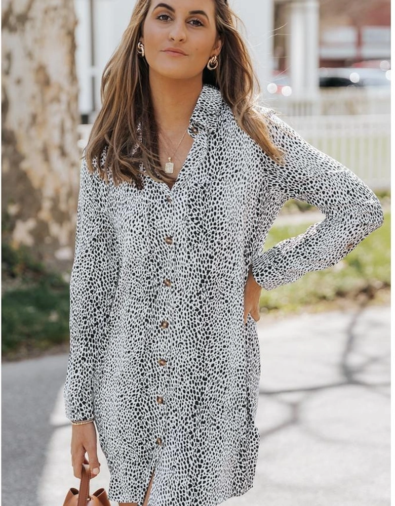 Long Sleeve Leopard Animal Print Shirt Dress