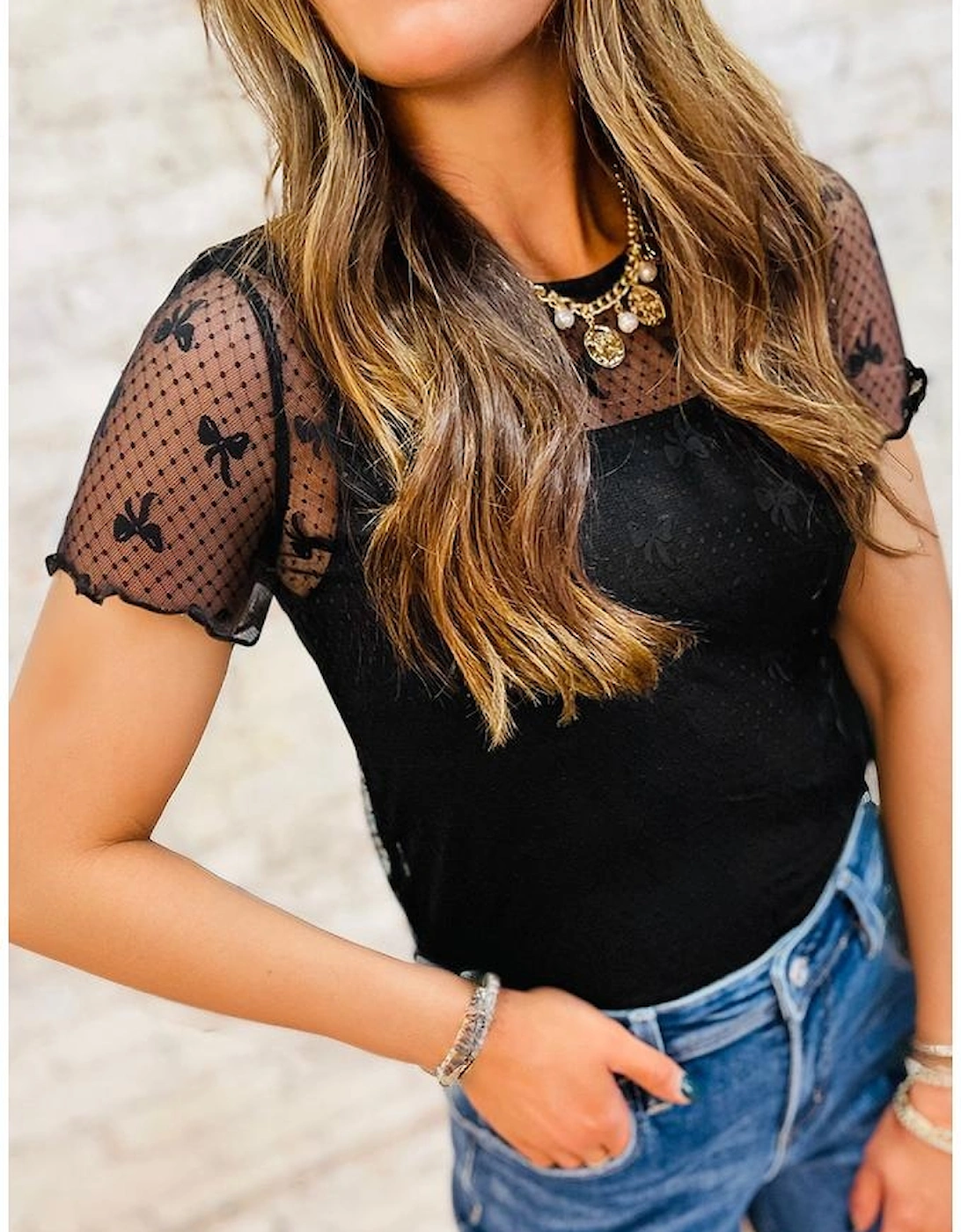 Black Bow Knot Dotted See-through Mesh Patched Slim Fit Blouse