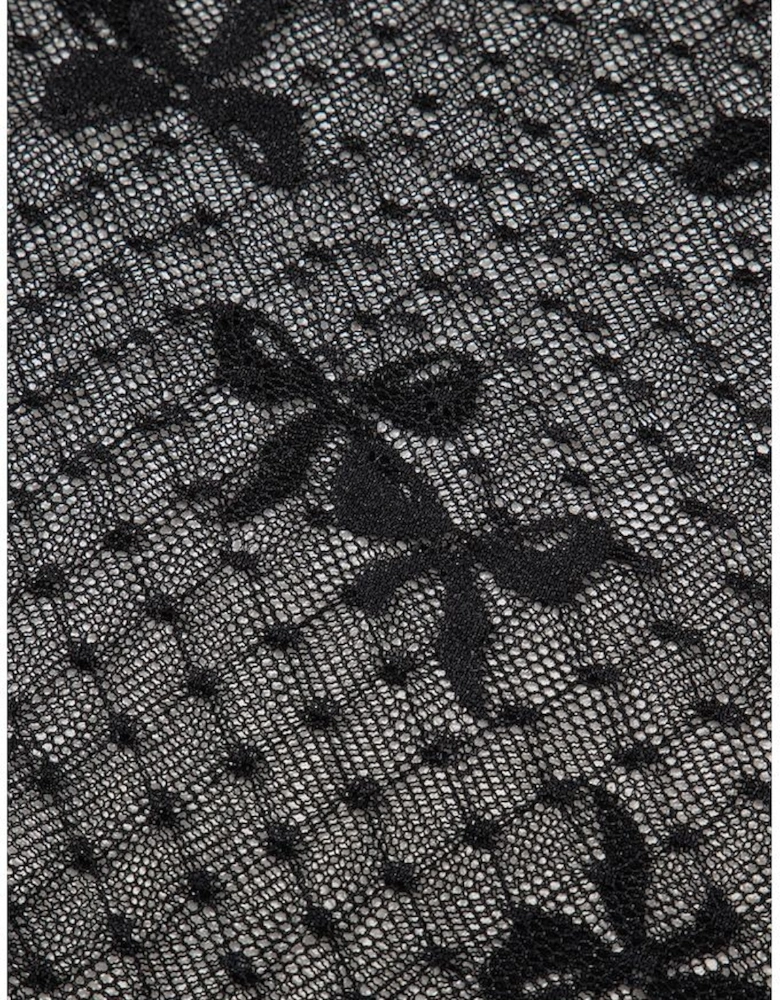 Black Bow Knot Dotted See-through Mesh Patched Slim Fit Blouse