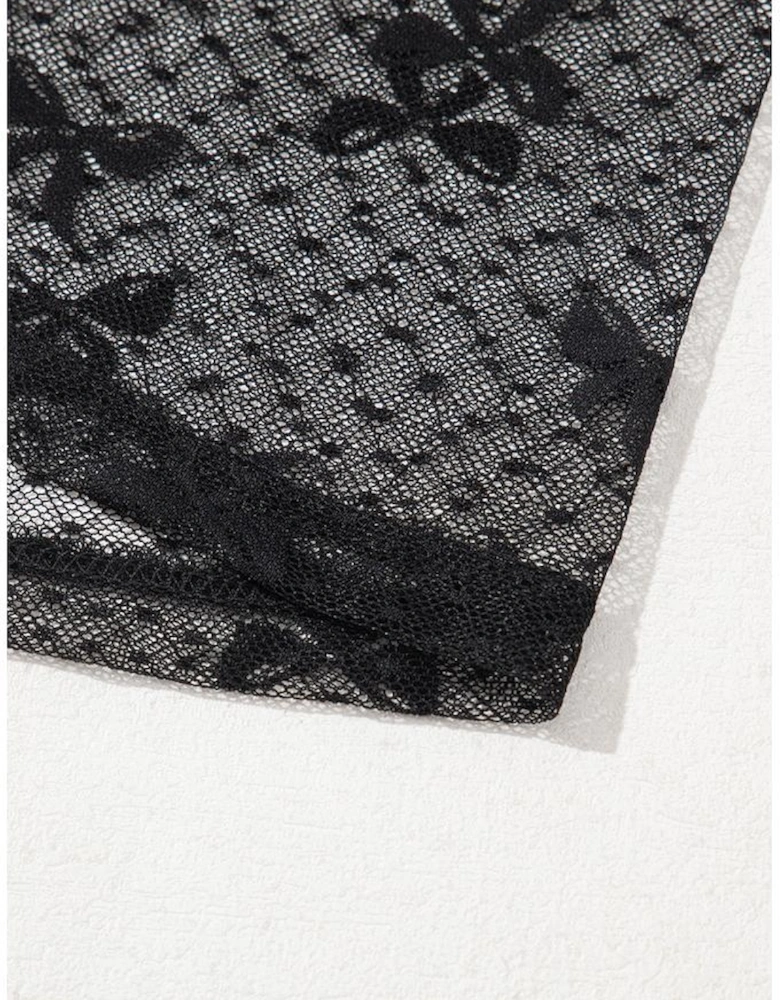 Black Bow Knot Dotted See-through Mesh Patched Slim Fit Blouse