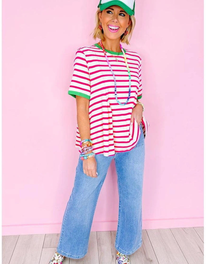 Rose Stripe Contrast Trim Crew Neck Loose Short Sleeve Top