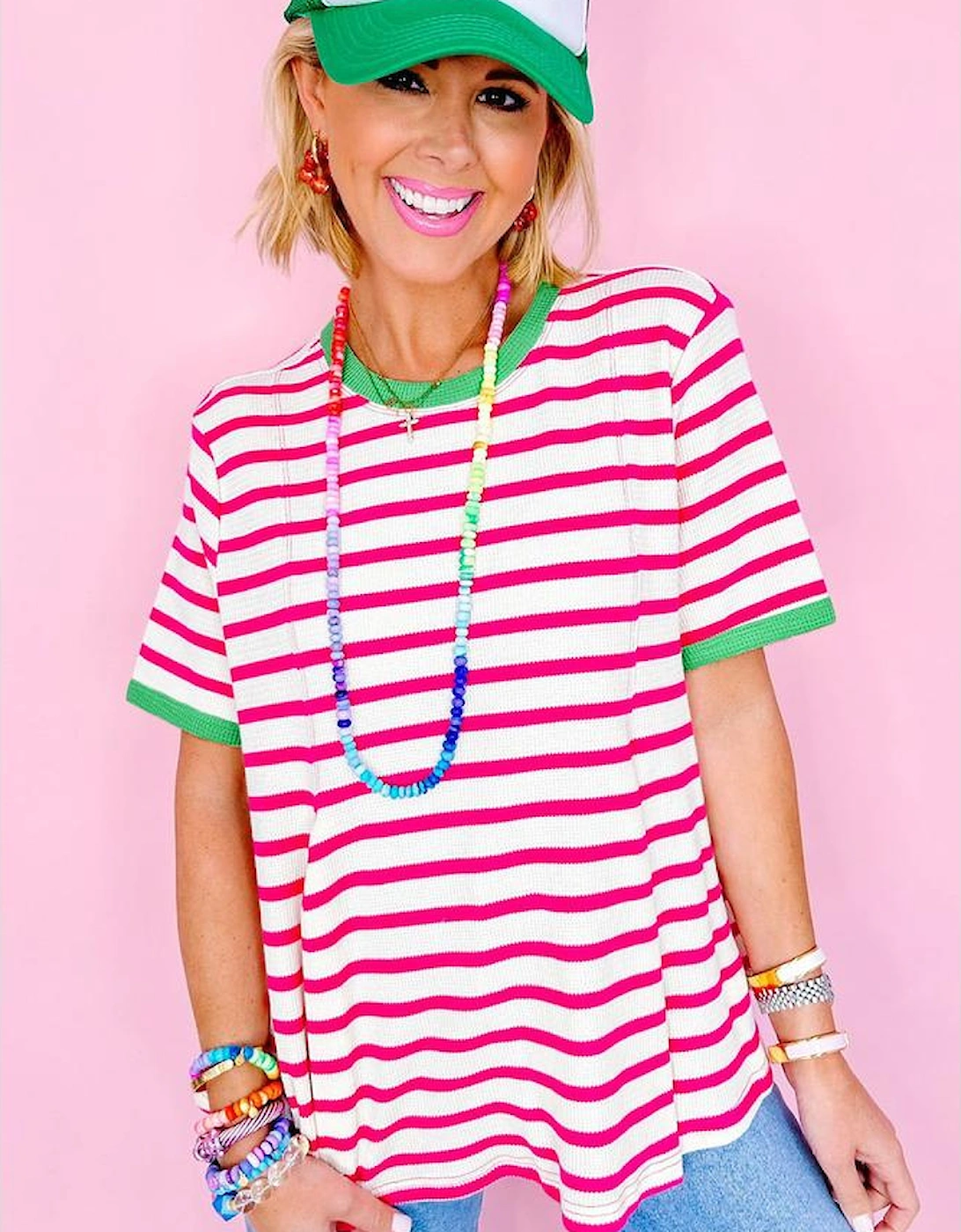 Rose Stripe Contrast Trim Crew Neck Loose Short Sleeve Top, 12 of 11