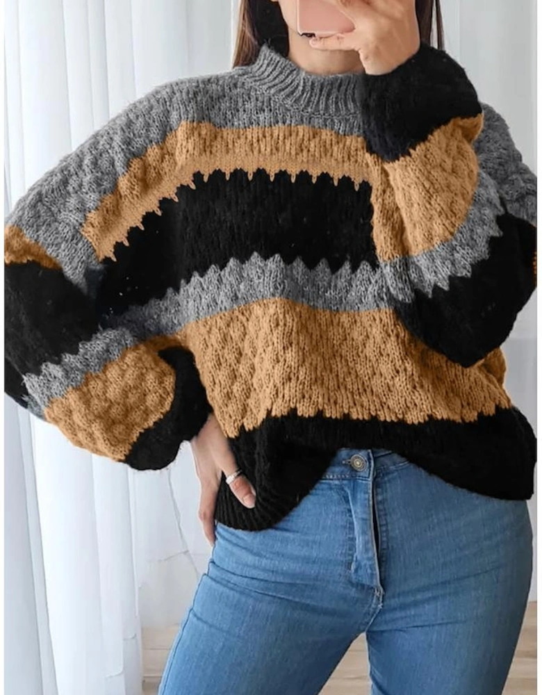 Khaki Color Block High Neck Baggy Sweater