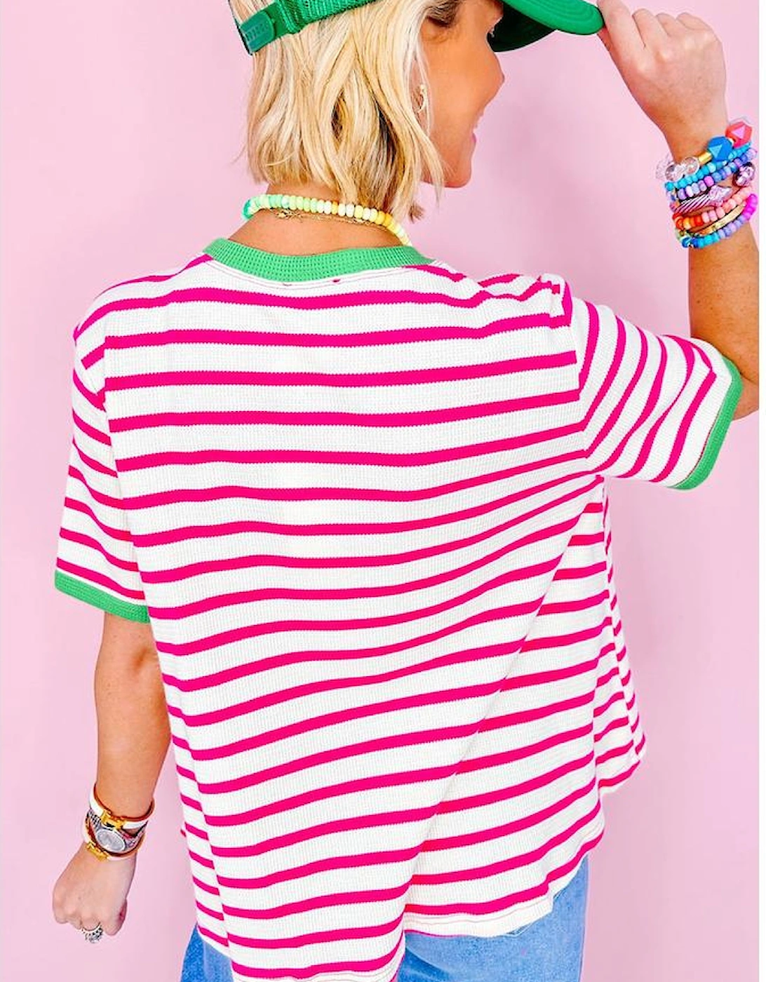 Rose Stripe Contrast Trim Crew Neck Loose Short Sleeve Top