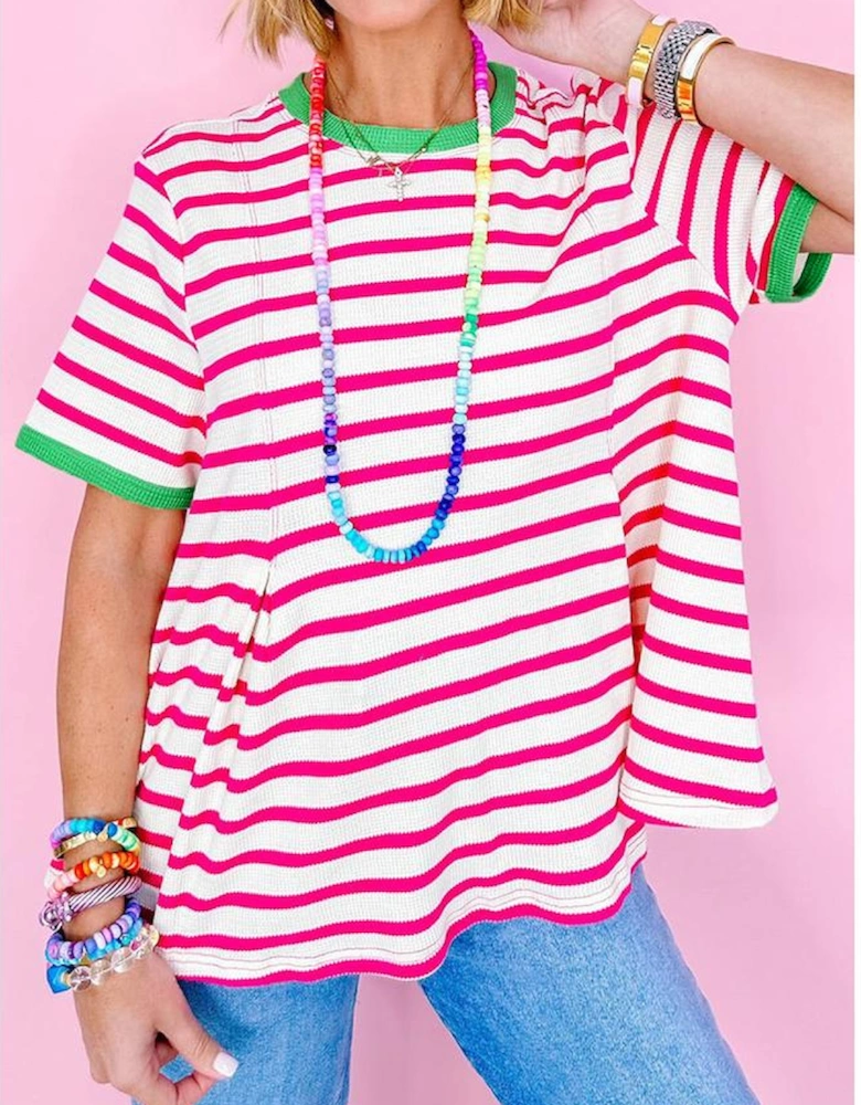 Rose Stripe Contrast Trim Crew Neck Loose Short Sleeve Top