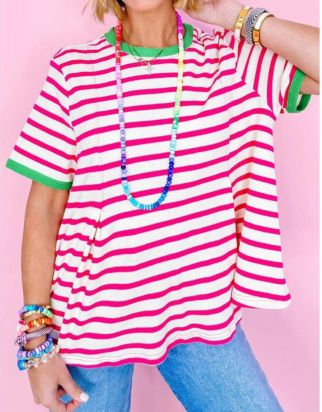 Rose Stripe Contrast Trim Crew Neck Loose Short Sleeve Top