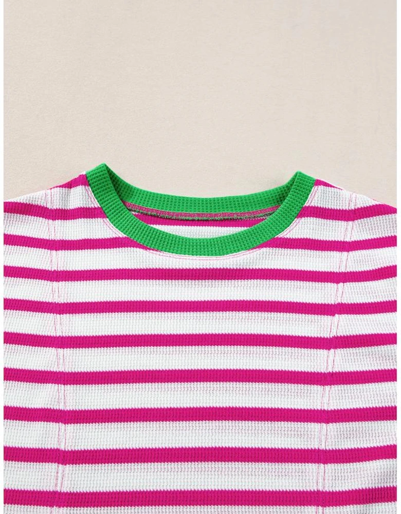 Rose Stripe Contrast Trim Crew Neck Loose Short Sleeve Top