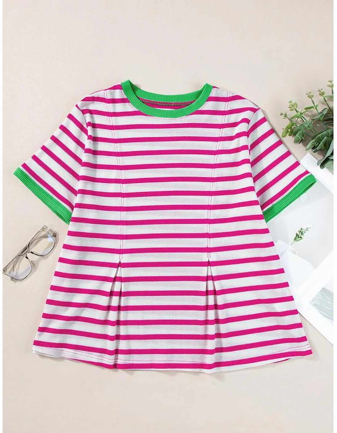 Rose Stripe Contrast Trim Crew Neck Loose Short Sleeve Top