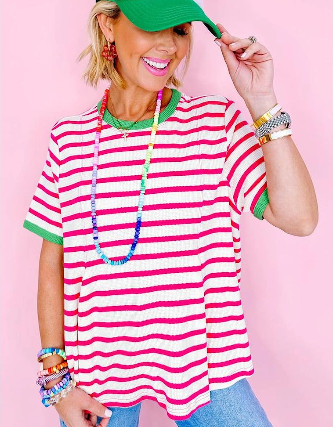 Rose Stripe Contrast Trim Crew Neck Loose Short Sleeve Top