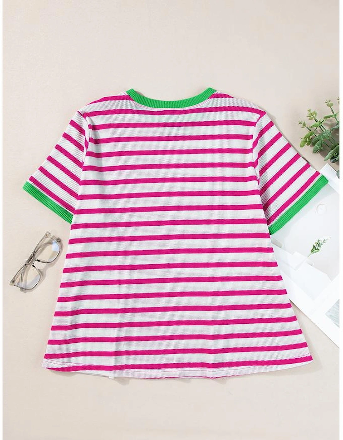 Rose Stripe Contrast Trim Crew Neck Loose Short Sleeve Top