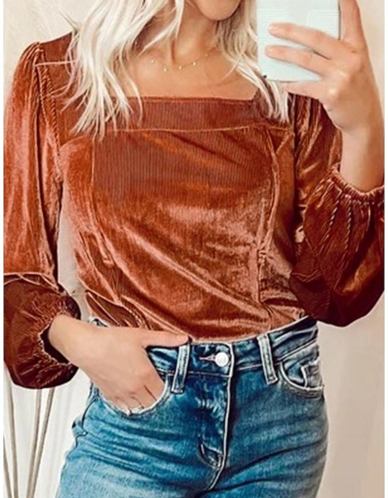 Clay Velvet Ribbed Texture Square Neck Slim Puff Sleeve Top