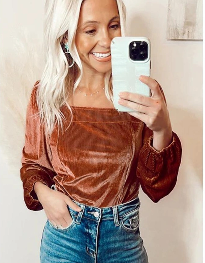 Clay Velvet Ribbed Texture Square Neck Slim Puff Sleeve Top
