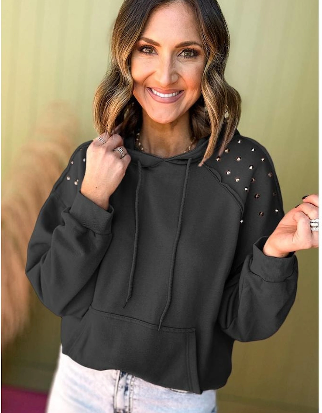 Black Solid Color Rivet Stud Raglan Sleeve Hoodie with Pocket, 6 of 5