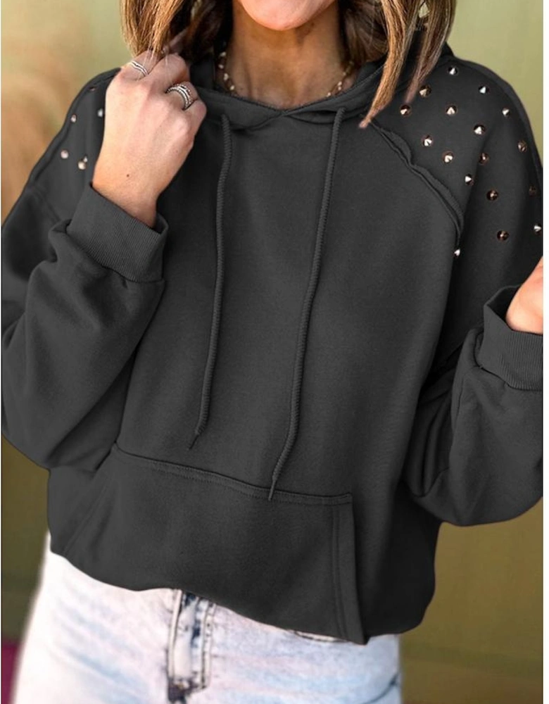 Black Solid Color Rivet Stud Raglan Sleeve Hoodie with Pocket
