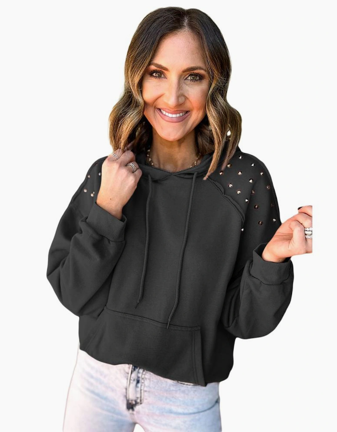 Black Solid Color Rivet Stud Raglan Sleeve Hoodie with Pocket