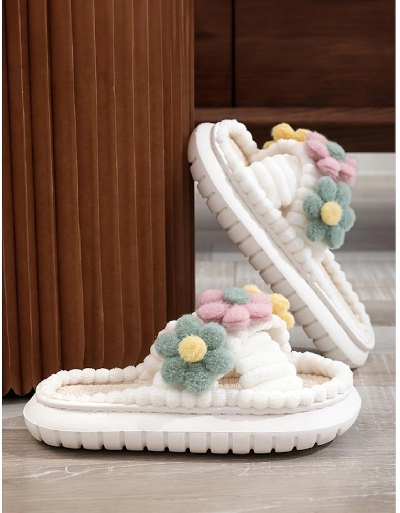 Azura Exchange White Fuzzy Flower Cross Strap Open Toe Slippers