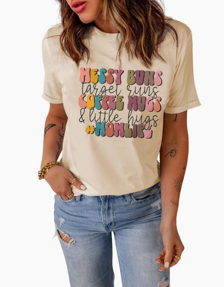 Khaki MOMLIFE Slogan Graphic Crew Neck T Shirt