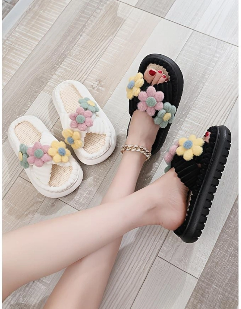 Azura Exchange White Fuzzy Flower Cross Strap Open Toe Slippers