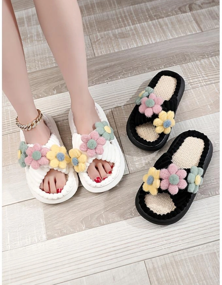 Azura Exchange White Fuzzy Flower Cross Strap Open Toe Slippers