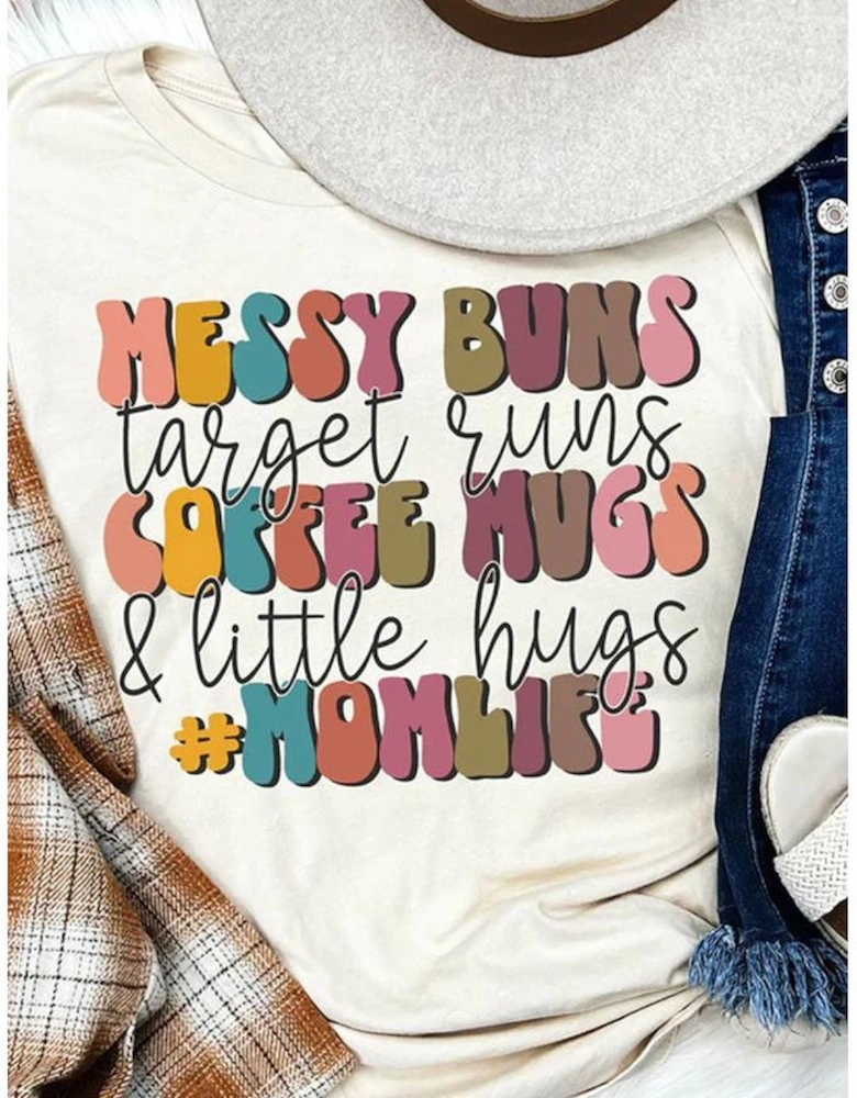 Khaki MOMLIFE Slogan Graphic Crew Neck T Shirt